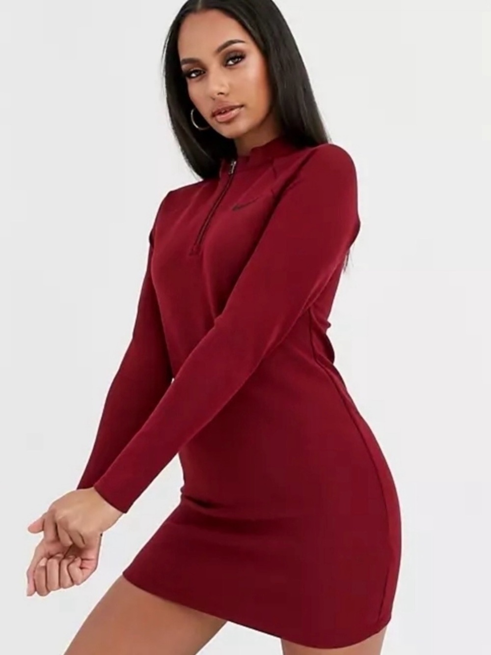 Nike Women’s Long Sleeve Maroon Zip-Front Bodycon Dress